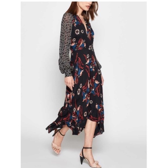 New Joie Morley Maxi Dress 100% Silk Boho Size 10 Caviar Mixed Media - Picture 2 of 7